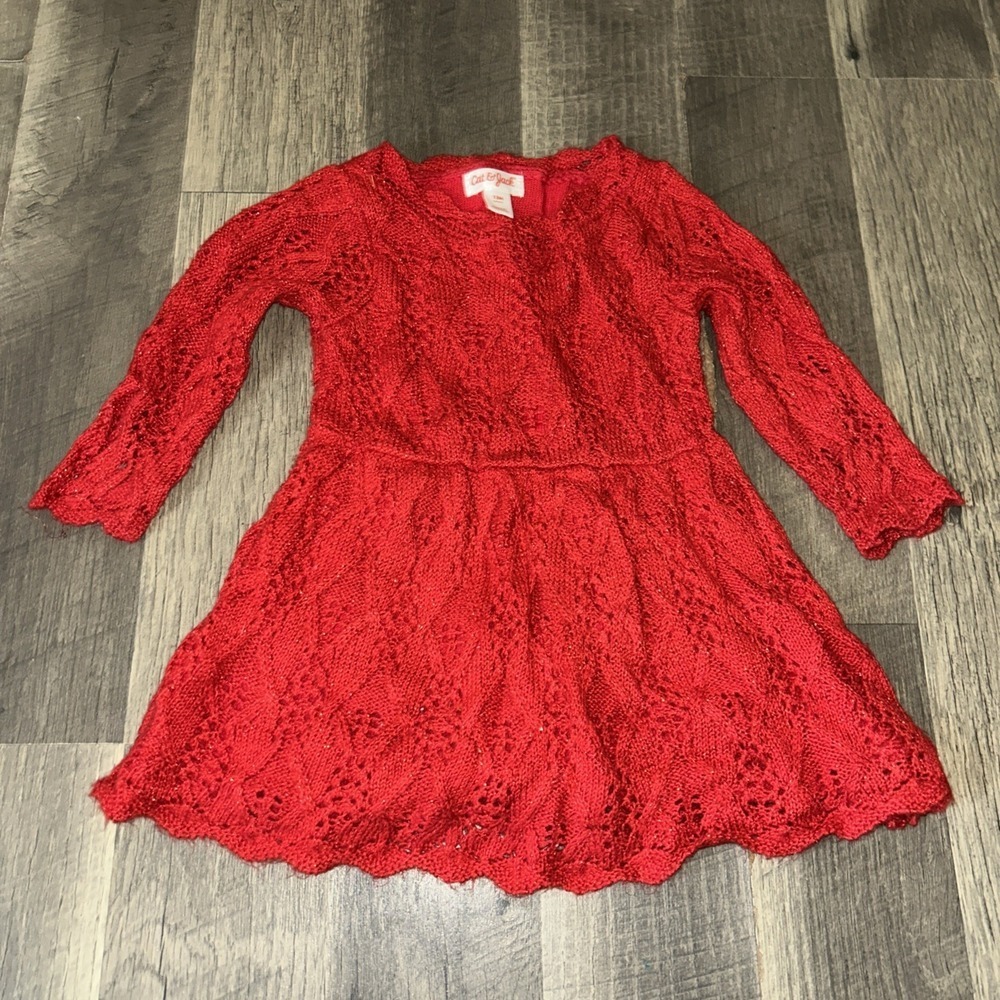 Cat & Jack Girls Size 12 Months Red Sparkle Crochet Long‎ Sleeve Dress